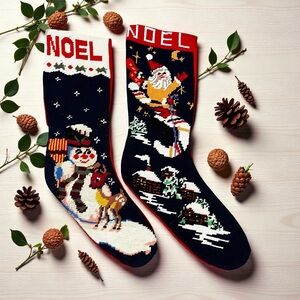 TWO Needlepoint Christmas Stockings NOEL Santa Snowman Navy Red 6" x 19"